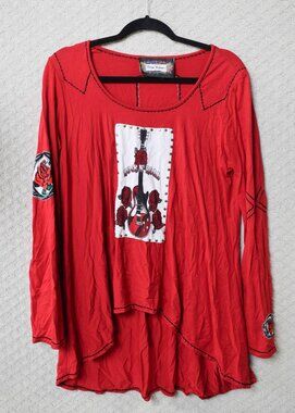 Collections Vintage Collection Red Hi-Low Tunic Top Guitar Rose Studded Size M